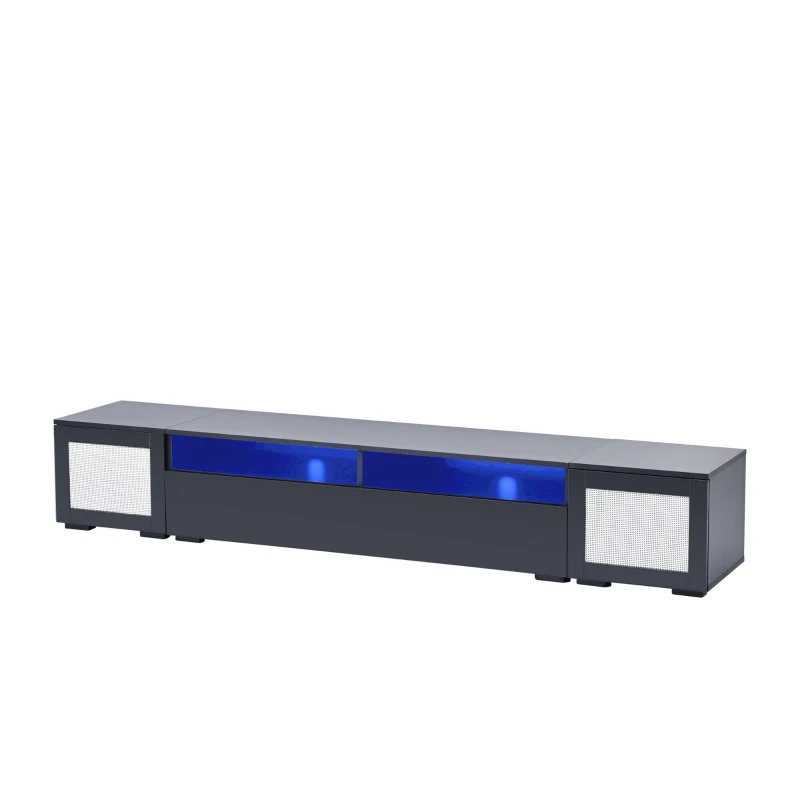 Vinsetto Modern TV Stand Fits TVs Up to 90" with Push to Open Doors, LED Lights, Rattan Style Entertainment Center, 82.5" L x 15.5" W x 14" H, Black