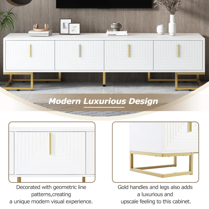 Vinsetto Modern TV Stand with Metal Legs and Gold Handles for TVs Up to 80", Media Console Table with Cabinets and Adjustable Shelves, White+Gold