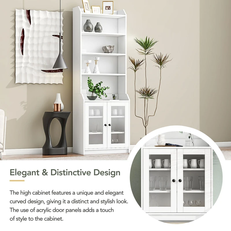 Elegant Tall Cabinet with Acrylic Door, Adjustable Shelves, and Graceful Curves, 27.5" L x 14.5" W x 78.5" H, White