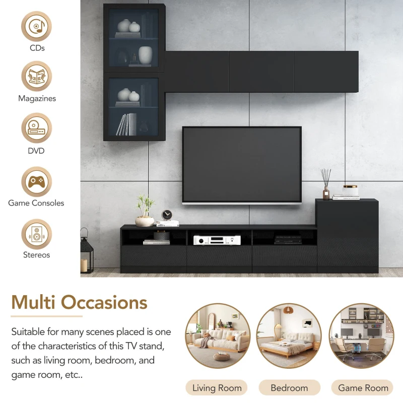 High Gloss TV Stand for TVs Up to 78" with Ample Storage, Media Console, Wall Mounted Floating Cabinets, 93" L x 15" W x 26" H, Black