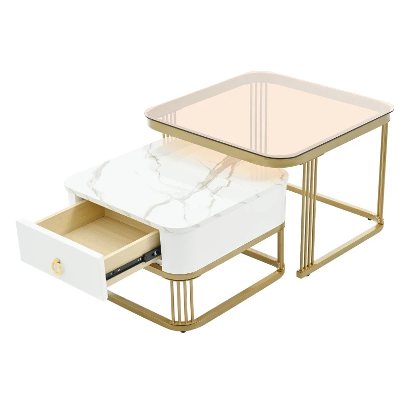 Nesting Coffee Table Set of 2 with Drawer, Square Stacking Tables with Tempered Glass and Marble Grain Tabletop for Living Room, White+Gold