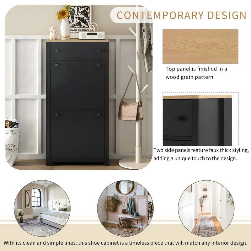 Vinsetto Functional Shoe Cabinet with 2 Flip Drawers, Wood Grain Top, Adjustable Shoe Rack, Free Standing Shoe Cabinet, 24" L x 9.5" W x 47.5" H, Black