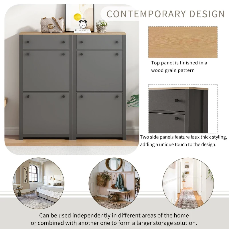 Modern Slim Shoe Cabinet Set with 4 Flip Drawers, Wood Grain Pattern Top, Adjustable Panels, Shoe Rack for Hallway, Gray