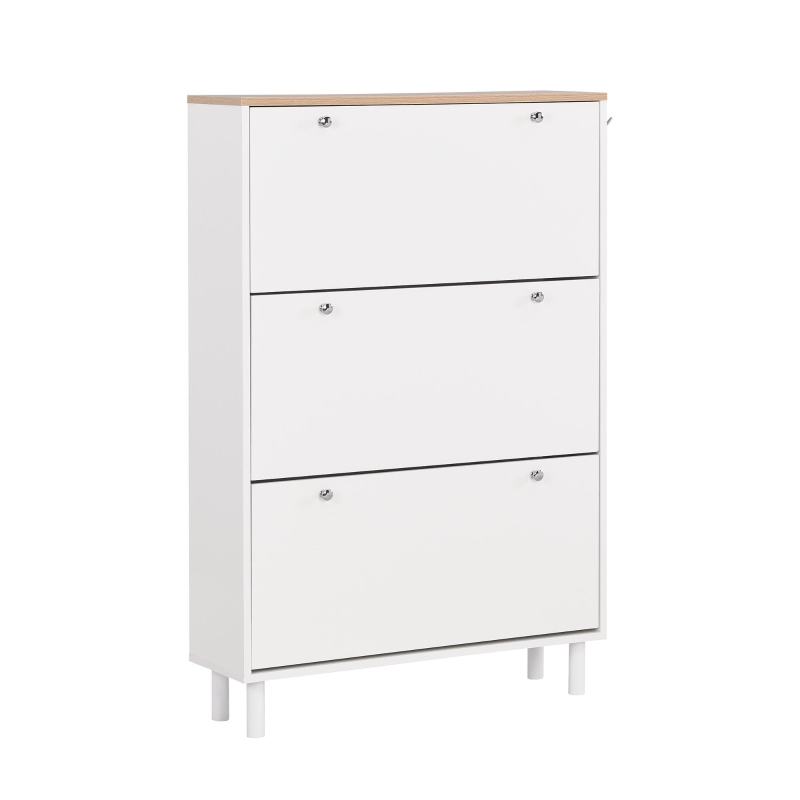 Vinsetto Narrow Design Shoe Cabinet with 3 Flip Drawers, Wood Grain Top, Adjustable Shelves, and 3 Hooks, 31.5" L x 9.5" W x 48" H, White