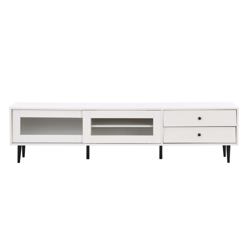 Vinsetto Chic Elegant Design TV Stand with Sliding Fluted Glass Doors, Slanted Drawers Media Console for TVs Up to 75", TV Cabinet with Storage Space, White