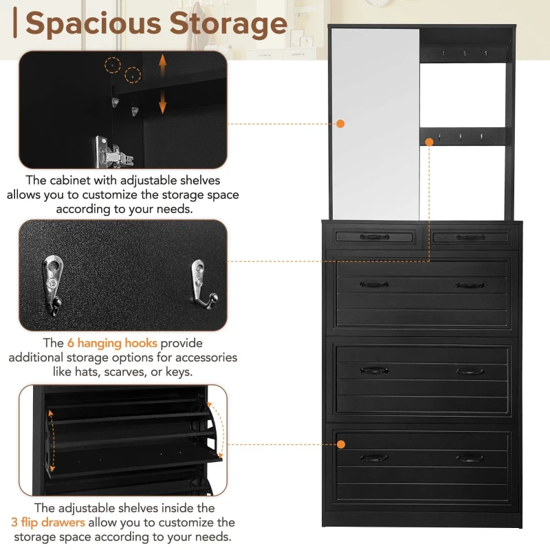 Vinsetto Multi-functional Shoe Cabinet with 3 Flip Drawers, Hall Tree with Mirror, Freestanding Entryway Organizer with 6 Hanging Hooks, Black