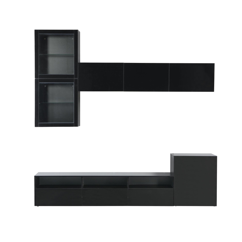 High Gloss TV Stand for TVs Up to 78" with Ample Storage, Media Console, Wall Mounted Floating Cabinets, 93" L x 15" W x 26" H, Black