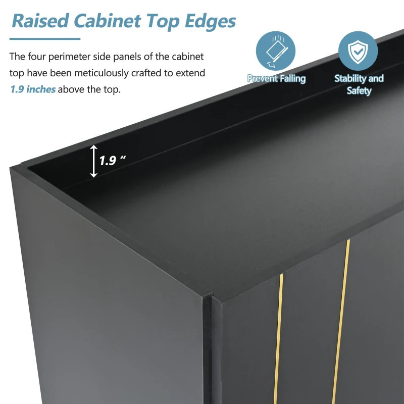 Storage Shoe Cabinet with 5 Metal Legs, Gold Lines Doors, Minimalist Sideboard Cabinet, Modern TV Stand, 63" L x 15" W x 31.5" H, Black