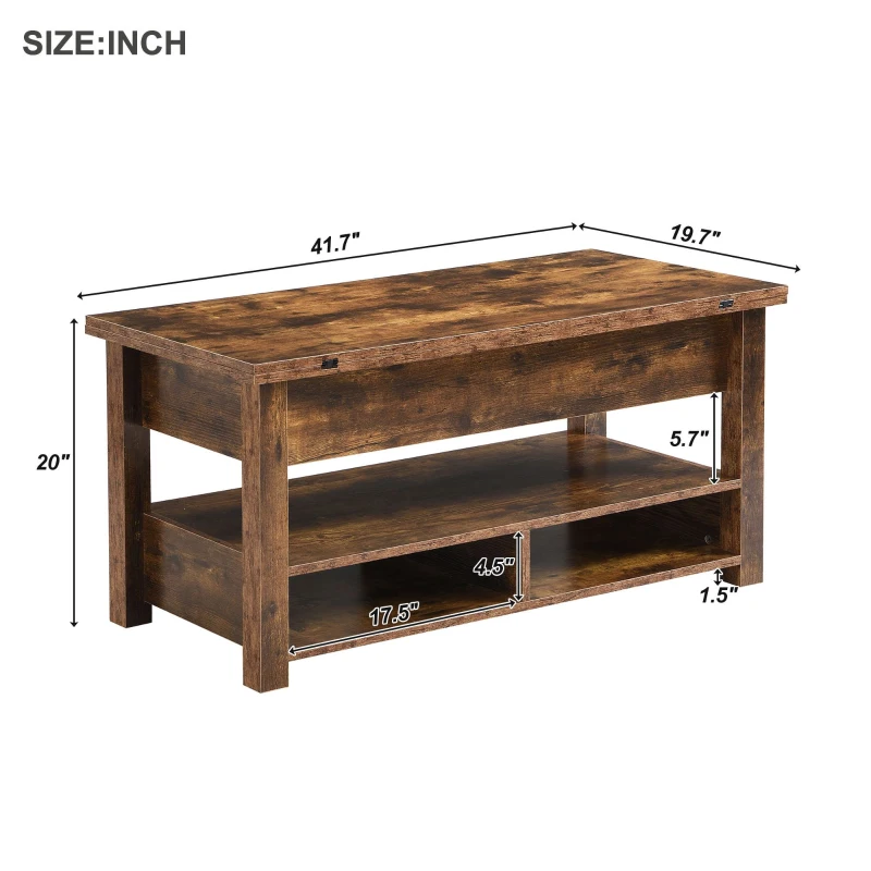 Lift Top Coffee Table with Multi-Functional Open Shelves, Modern Lift Tabletop Dining Table for Living Room, Home Office, Rustic Brown