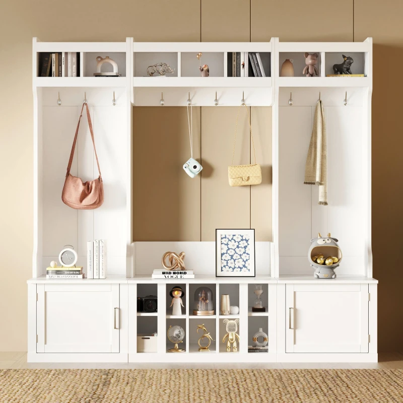 Vinsetto 4-in-1 Wide Storage Hall Tree with Bench and Shoe Cubbies, Multi-functional Entryway Coat Rack, 82.5" L x 15.5" W x 78.5" H, White