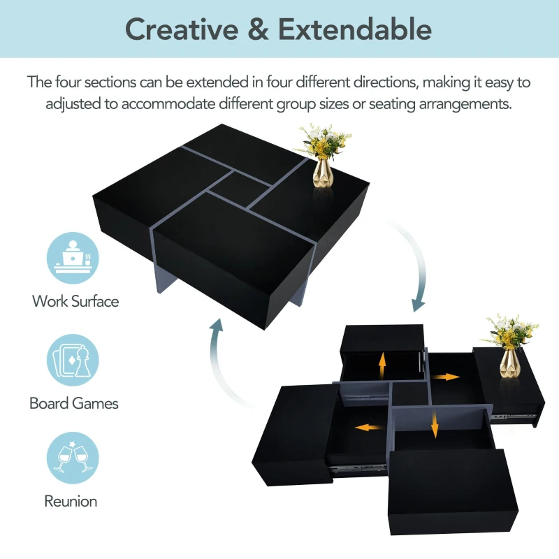 Coffee Table with 4 Hidden Storage Compartments, Extendable Sliding Tabletop, UV High-Gloss Design, 31.5"x31.5", Black