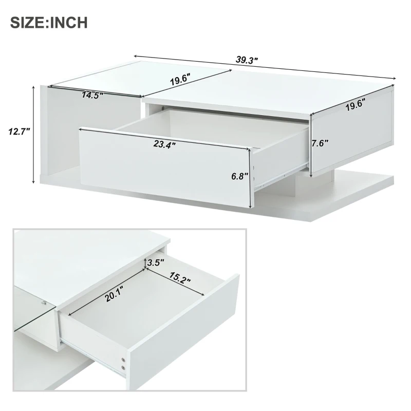 Modern Coffee Table with Tempered Glass, Wooden Cocktail Table with High-Gloss UV Surface, 2-Tier Rectangle Center Table for Living Room, White