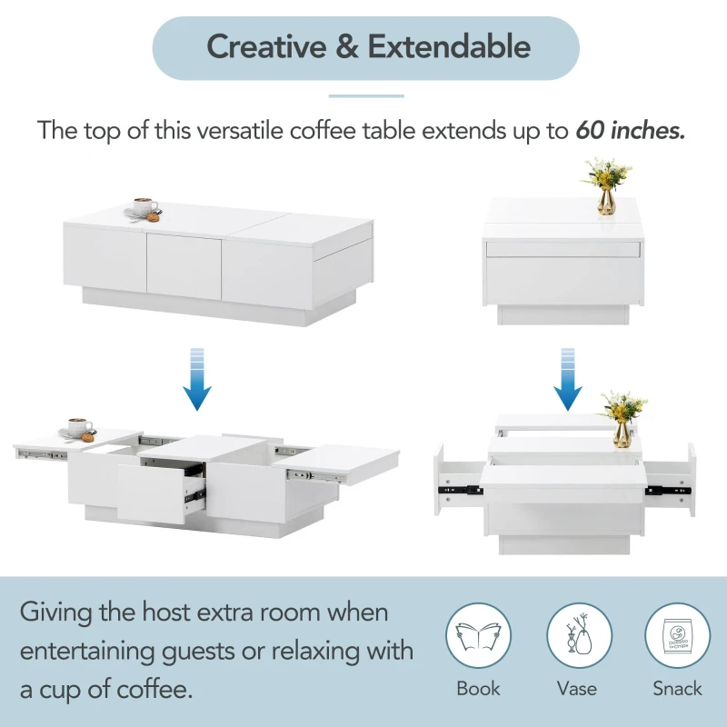 Coffee Table with Hidden Storage, Extendable Cocktail Table with Drawers, Sliding Top for Living Room, 39.5" L x 22" W x 12.5" H, White
