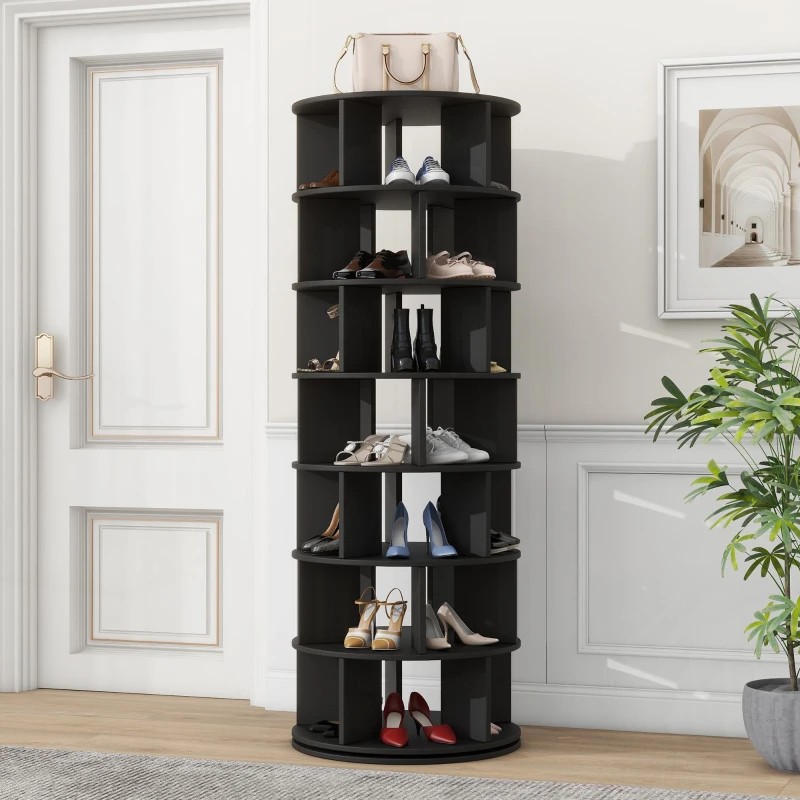 360° Spinning Shoe Cabinet with 5 Grids Per Layer, Adjustable 7-Tier Rotating Shoe Rack Tower, for Living Room, 23.5" L x 23.5" W x 65" H, Black