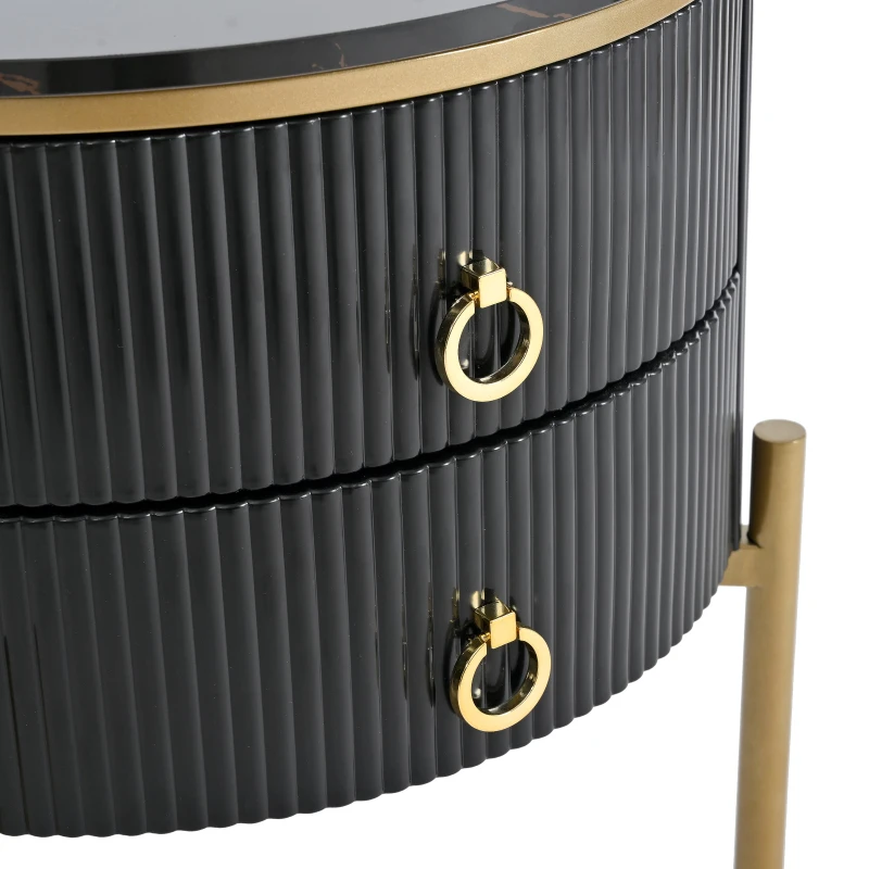 Vinsetto Round End Table with Storage Drawers, Modern Faux Marble Tabletop, Metal Legs and Handles, Black+Gold