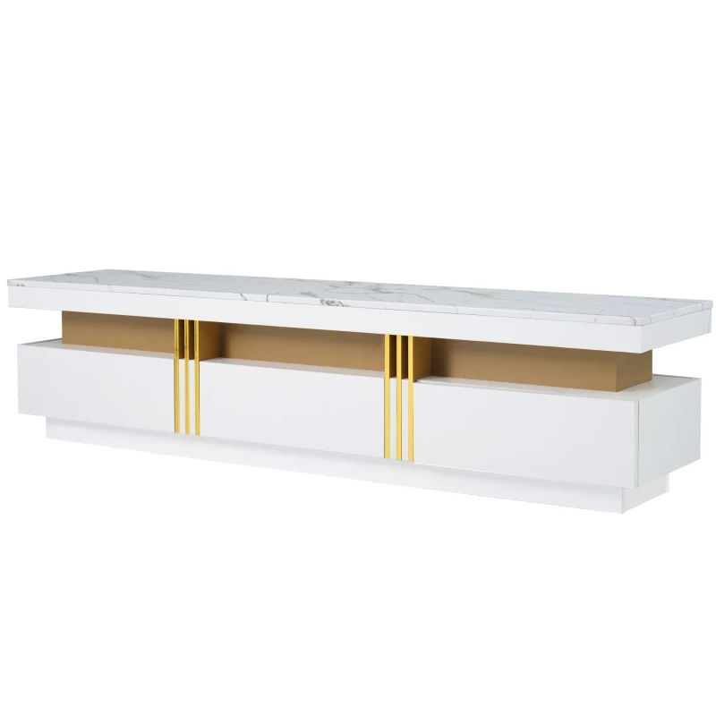Vinsetto Luxury TV Stand with High Gloss Faux Marble Top for TVs Up to 78", Media Console with Golden Panel Design and 3 Drawers, White+Gold