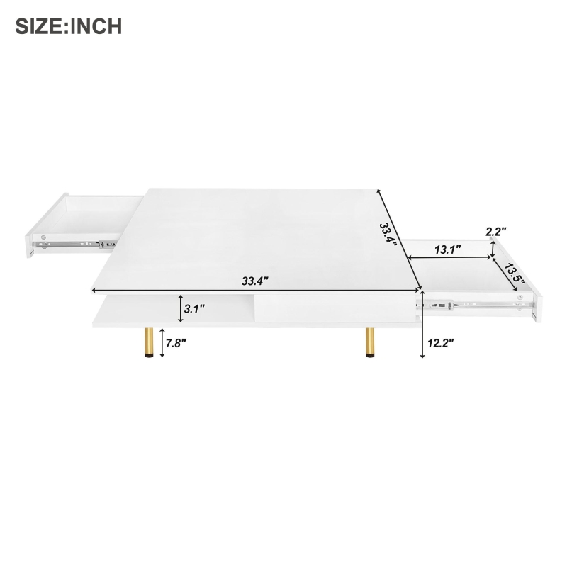 Exquisite High Gloss Coffee Table with 4 Golden Legs, 2 Small Drawers, and 2-Tier Square Design for Living Room, 33.5", White