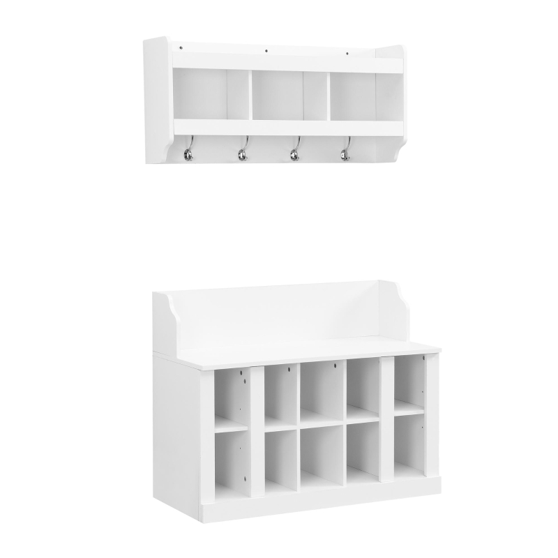 Shoe Cabinet Storage with Shelves and 4 Hooks, Elegant Hall Tree with Wall Mounted Coat Rack, Entryway Organizer for Hallway, Mudroom, White
