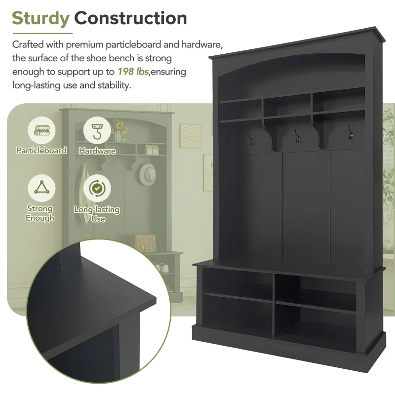 47.5'' Wide Hall Tree with Shoe Storage, 3 Hanging Hooks, Adjustable Shelves, and Multi-Functional Design, 47.5" L x 16" W x 75.5" H, Black