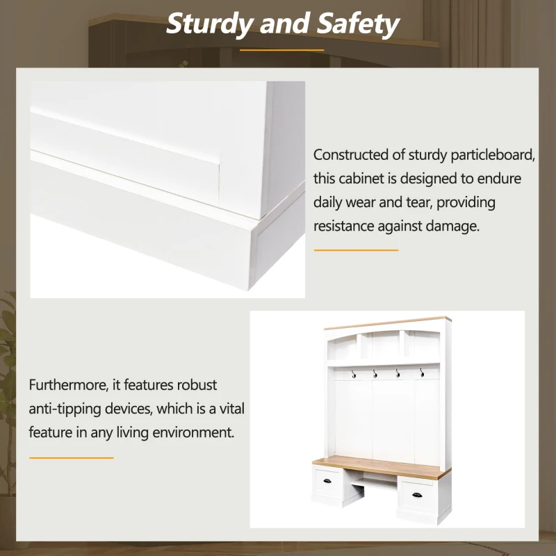 Farmhouse 4-in-1 Hall Tree with Bench and Adjustable Shelves, Multifunctional Storage Coat Rack with Hooks, 55" L x 16.5" W x 73.5" H, White