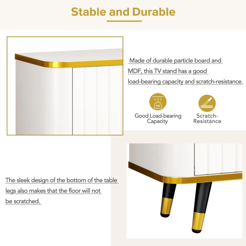 Luxury Minimalism TV Stand with Open Storage Shelf for TVs Up to 85", Entertainment Center with Cabinets and Drawers, White+Gold