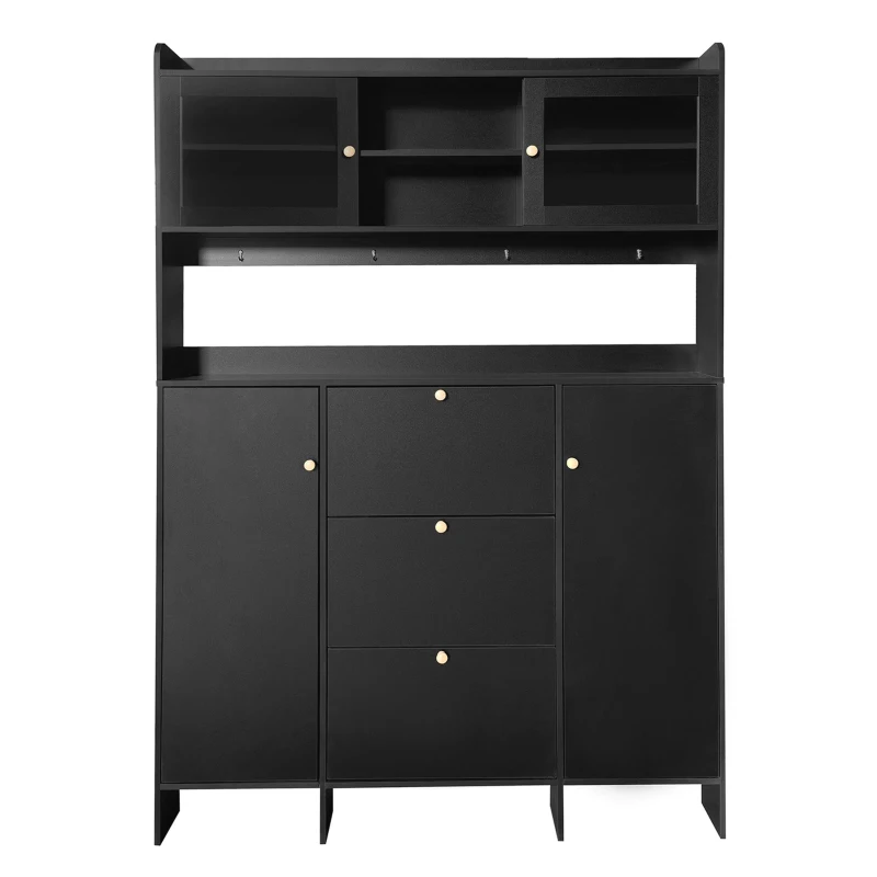Vinsetto Contemporary Shoe Cabinet with Open Storage Platform, 3 Drawers and 4 Hooks, Tempered Glass Hall Tree, 55" L x 7" W x 82" H, Black