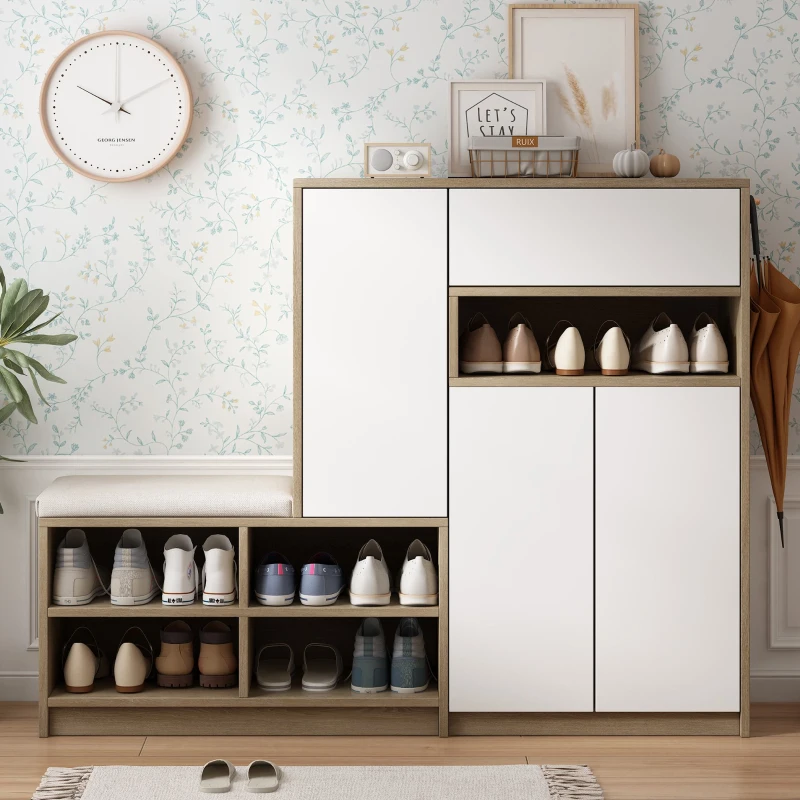 Vinsetto 2-in-1 Shoe Storage Bench & Cabinet, Multi-functional Shoe Rack with Padded Seat and Adjustable Shelves, 55.5" L x 14" W x 43.5" H, White