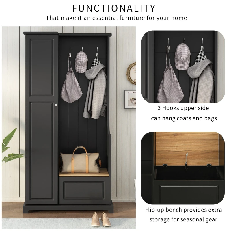 Hall Tree with Flip-Up Bench, Adjustable Shelves, and Hanging Hooks for Entryways,36" L x 15.5" W x 70.5" H, Black