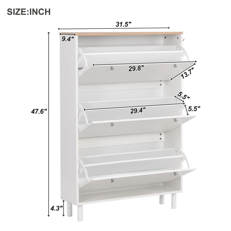 Vinsetto Narrow Design Shoe Cabinet with 3 Flip Drawers, Wood Grain Top, Adjustable Shelves, and 3 Hooks, 31.5" L x 9.5" W x 48" H, White
