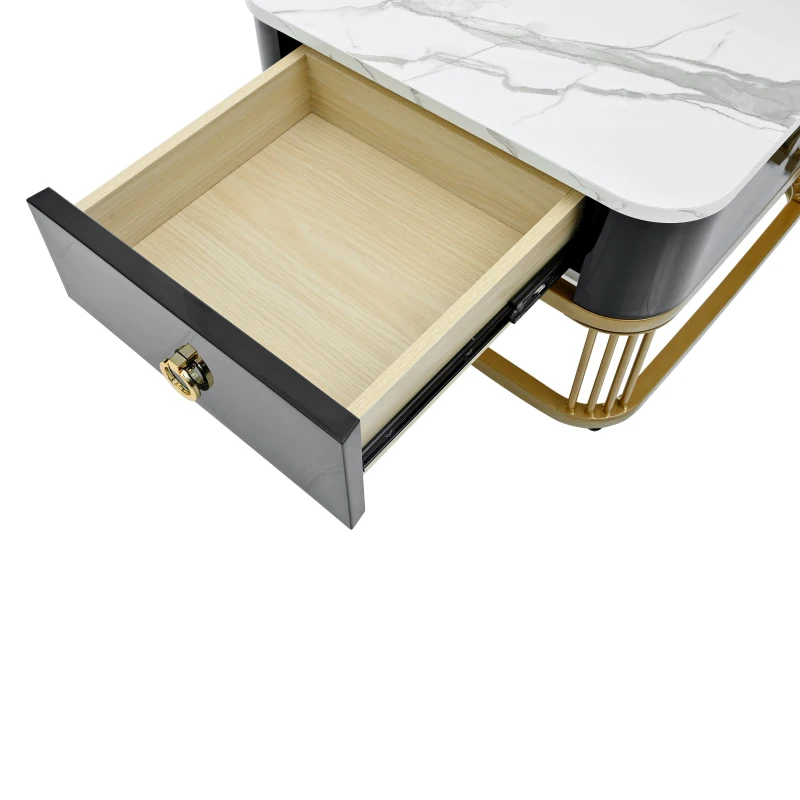 Nesting Coffee Table Set of 2 with Drawer, Brown Tempered Glass and High Gloss Marble Grain Tabletop, 24" W x 24" D x 16.5" H, Black+Gold
