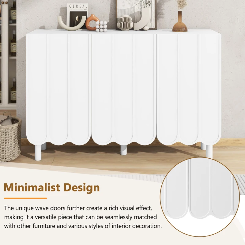 Minimalist Storage Shoe Cabinet with Adjustable Shelves, Solid Wood Legs, and Wave Doors, 47" L x 13.5" W x 31.5" H, White