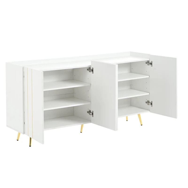 Storage Shoe Cabinet with 5 Metal Legs, Gold Lines Doors, Minimalist Sideboard Cabinet, Modern TV Stand, 63" L x 15" W x 31.5" H, White