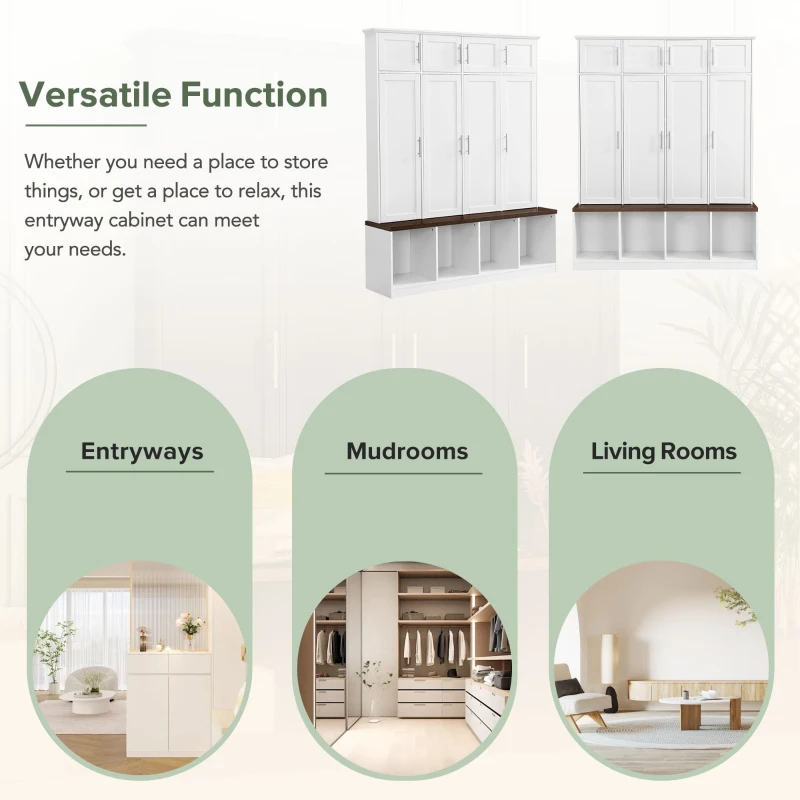 Vinsetto Multi-Functional Hall Tree with 4 Hidden Hanging Hooks, Brown Wood Grain Bench, Multiple Storage Spaces, 59" L x 15.5" W x 75" H, White