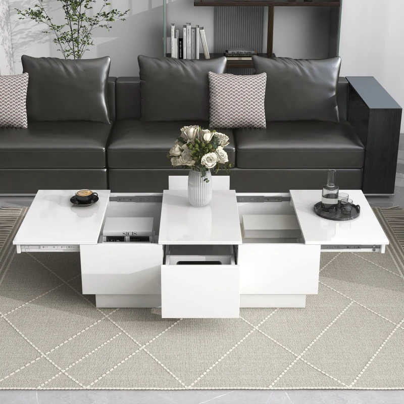 Coffee Table with Hidden Storage, Extendable Cocktail Table with Drawers, Sliding Top for Living Room, 39.5" L x 22" W x 12.5" H, White
