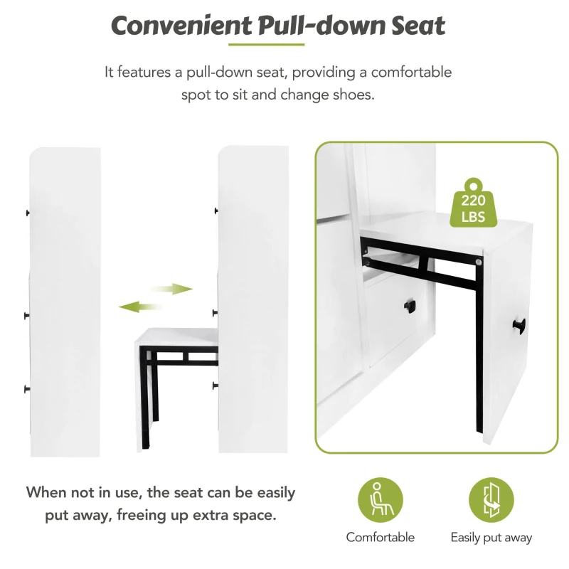 Vinsetto Versatile Shoe Cabinet with 3 Flip Drawers, Pull-Down Seat, and Adjustable Shelves, 47" L x 9.5" W x 47.5" H, White