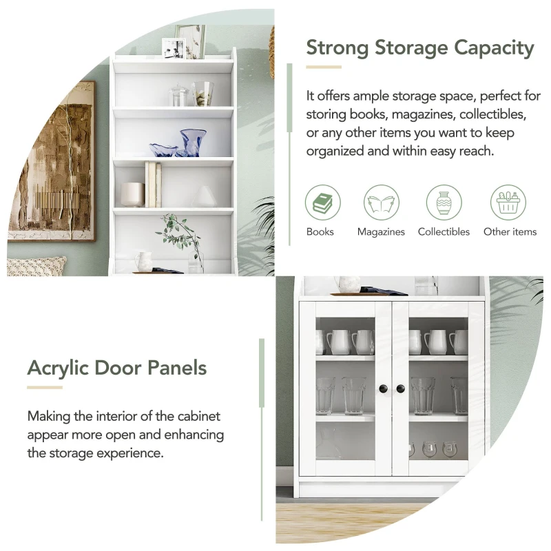 Elegant Tall Cabinet with Acrylic Door, Adjustable Shelves, and Graceful Curves, 27.5" L x 14.5" W x 78.5" H, White