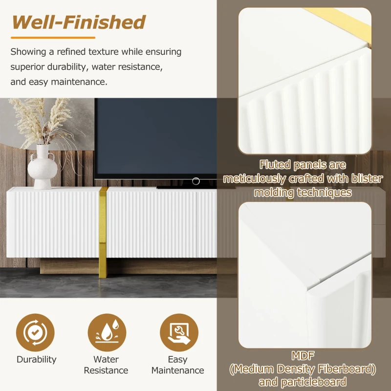 Luxury Fluted TV Stand with Storage Cabinets & Drawers, Smooth Media Console with Golden Wood Grain Legs, 75" L x 14" W x 18" H, White