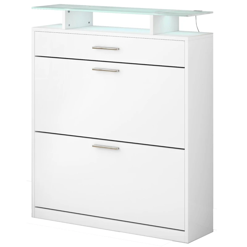 Shoe Cabinet with 2 Flip Drawers and Adjustable Shoe Storage, Tempered Glass Top, LED Light, 35" L x 9.5" W x 41" H, White