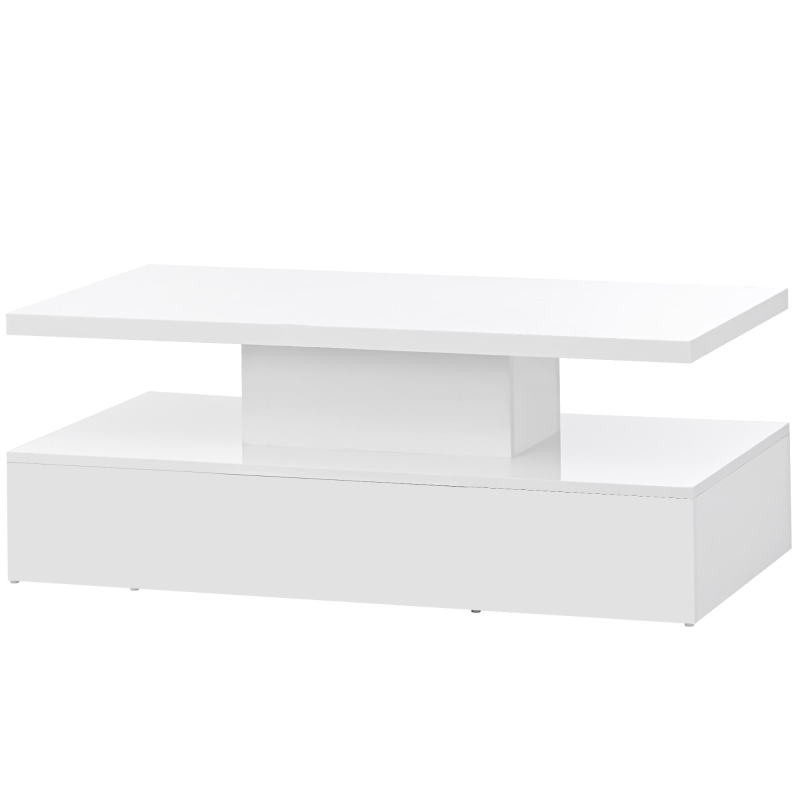 Vinsetto Modern Glossy 2-Tier Rectangle Coffee Table with Drawer, LED Lighting, Center Table for Living Room, 39.5" L x 19.5" W x 15.5" H, White