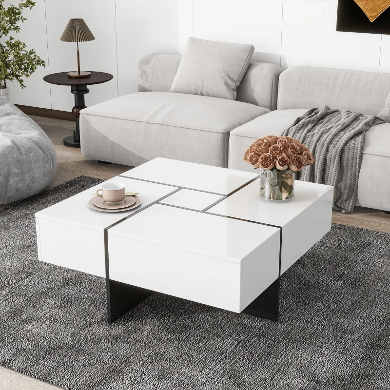 Unique Design Coffee Table with 4 Hidden Storage Compartments, Extendable Sliding Tabletop, UV High-Gloss Finish, 31.5"x 31.5", White