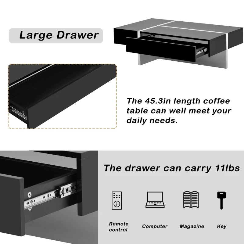 Contemporary Rectangle Coffee Table with Large Drawer, Modern High Gloss Surface, 45" L x 25.5" W x 13.5" H, Black