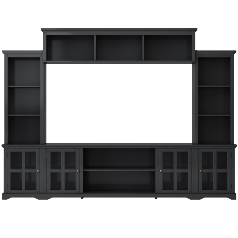 Modern Multifunctional TV Stand for TVs Up to 70" with Glass Door and Bridge, Minimalism Entertainment Wall Unit, 104" L x 15" W x 78.5" H, Black