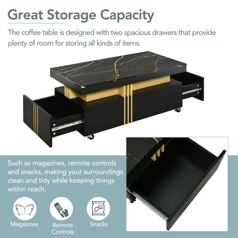 Vinsetto Contemporary Coffee Table with Faux Marble Top, Rectangle Cocktail Table with Caster Wheels, Gold Metal Bars, 39.5" L x 20" W x 17.5" H, Black