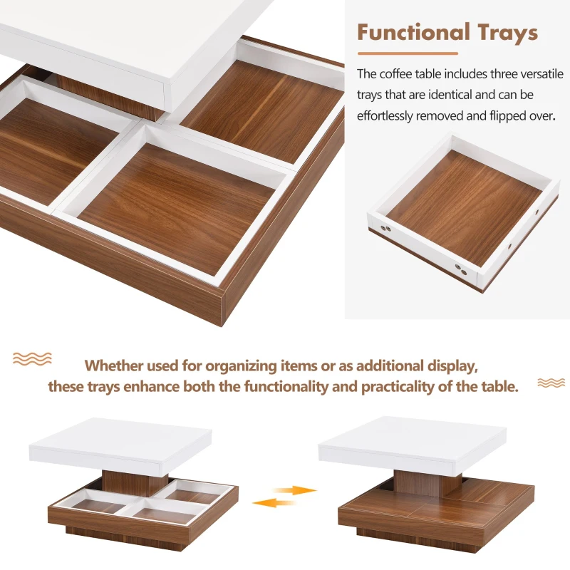 Square 360° Rotating Wood Coffee Table with 3 Detachable Trays, Storage Table for Living Room, 27.5" L x 27.5" W x 14" H, White+Walnut