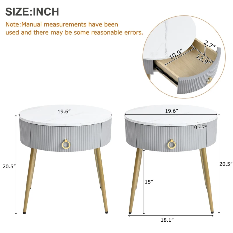 Set of 2 Modern End Tables with Storage, Faux Marble Tabletops, Fluted Panels, and Golden Legs, 19.5" L x 19.5" W x 20.5" H, Grey+Gold