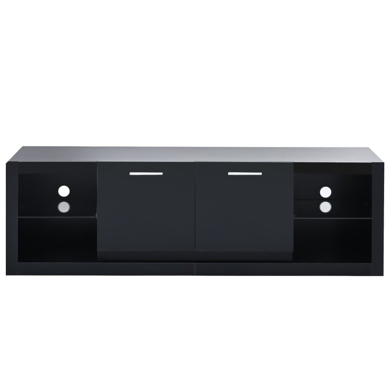 Modern TV Stand for TVs Up to 70'' with 2 Tempered Glass Shelves, LED Lights, High Gloss Entertainment Center, 61" L x 17" W x 19" H, Black
