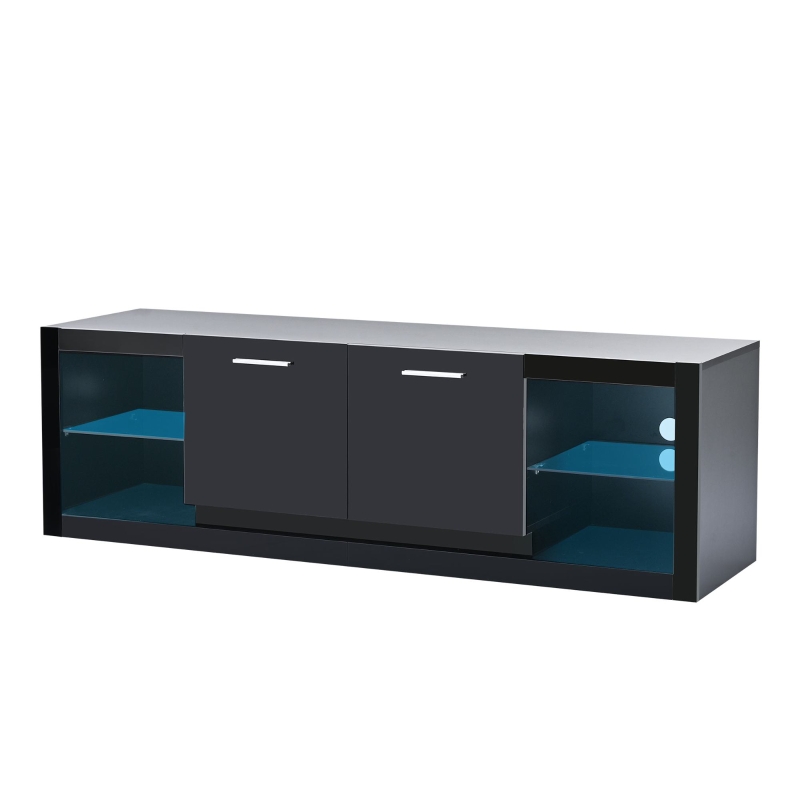Modern TV Stand for TVs Up to 70'' with 2 Tempered Glass Shelves, LED Lights, High Gloss Entertainment Center, 61" L x 17" W x 19" H, Black