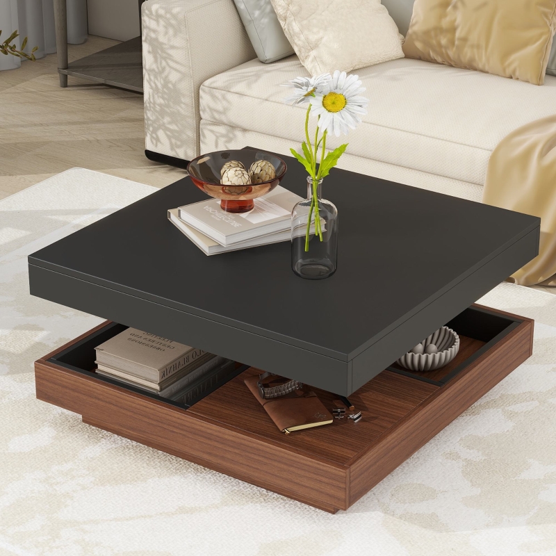 Square 360° Rotating Wood Coffee Table with 3 Detachable Trays, Storage Table for Living Room, 27.5" L x 27.5" W x 14" H, Black+Dark Walnut