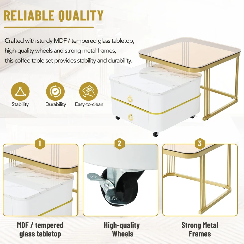 2-in-1 Square Nesting Coffee Table with Wheels & Drawers, High Gloss Marble Grain Top, Tempered Glass, 29" L x 27" W x 16" H, White+Gold