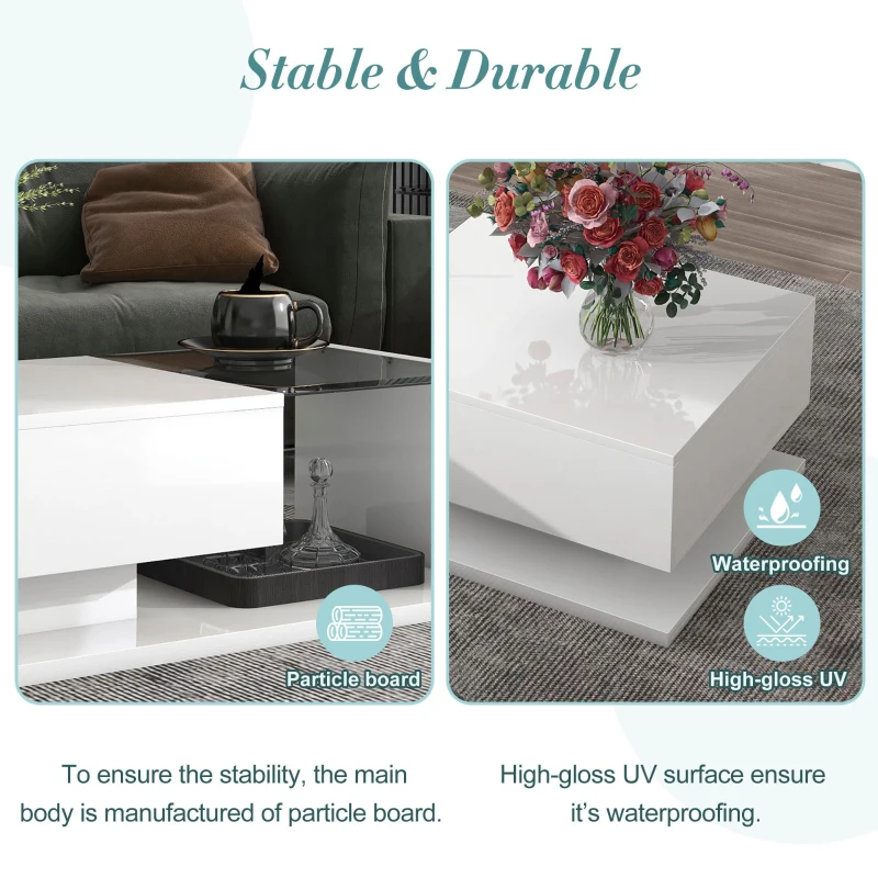 Modern Coffee Table with Tempered Glass, Wooden Cocktail Table with High-Gloss UV Surface, 2-Tier Rectangle Center Table for Living Room, White